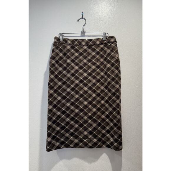 Tory Burch Size Medium 100% Brown Wool Blend Pencil Skirt Plaid Print Lined READ - Picture 1 of 13